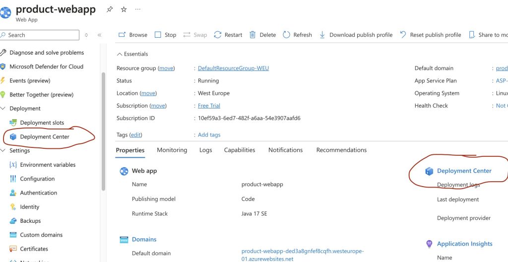 Configuring webapp deployment in Azure