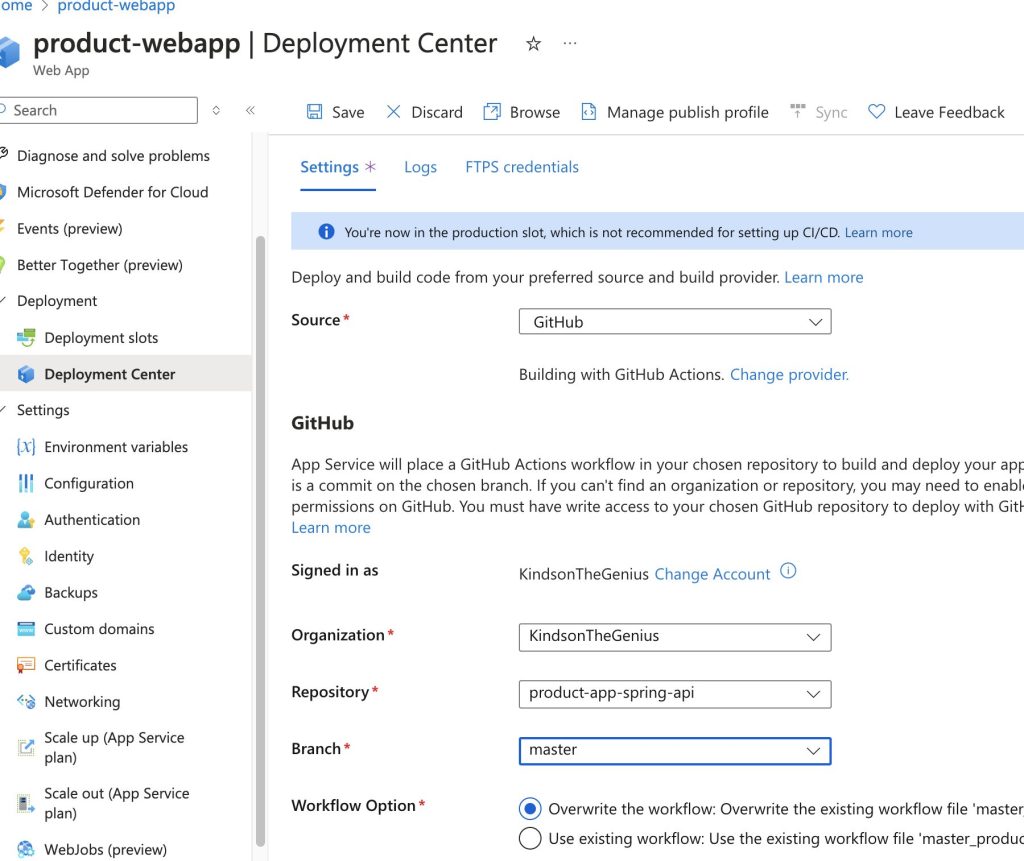 Deployment authentication settings